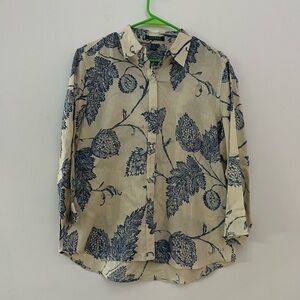 Vintage Lauren Ralph Lauren Beige and Blue Floral Button Up ¾ Sleeve